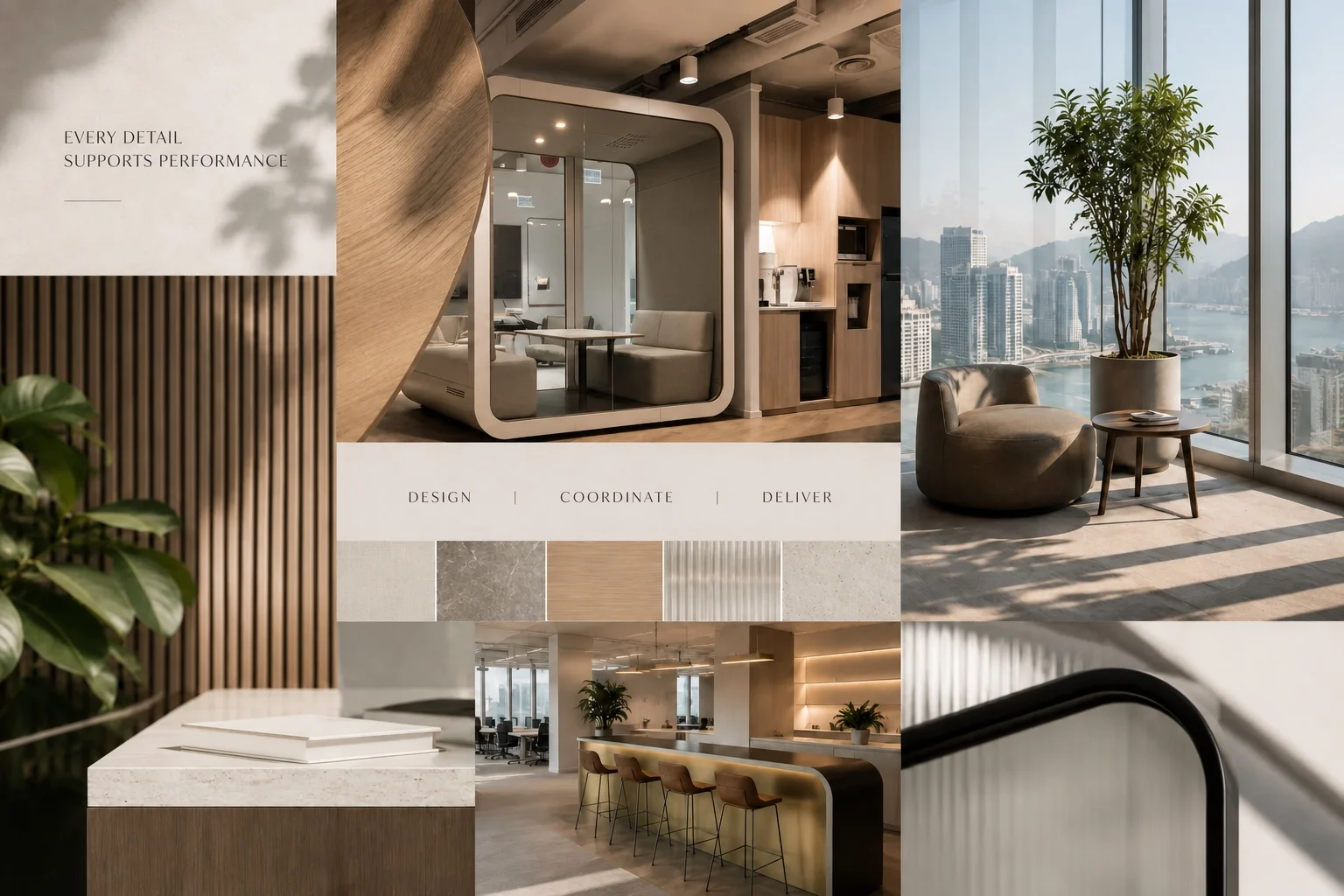 MJPM workplace collage showing a finished Hong Kong office lounge, meeting space and material detail