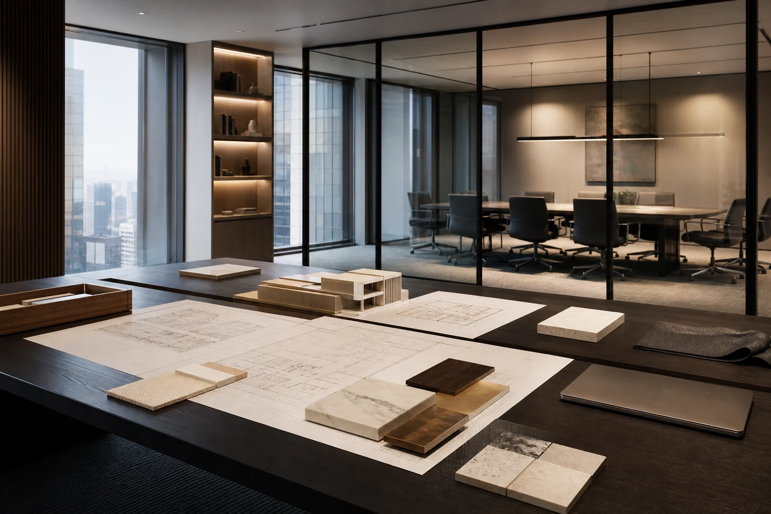 Office design development table with material samples, architectural plans and a premium meeting room