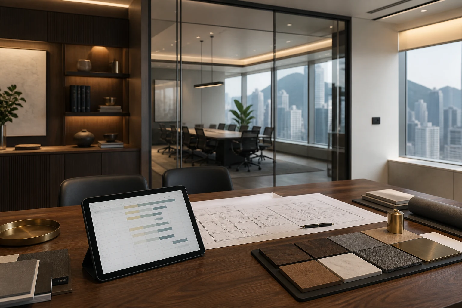 Office project management scene with architectural plans, material samples and a meeting room beyond